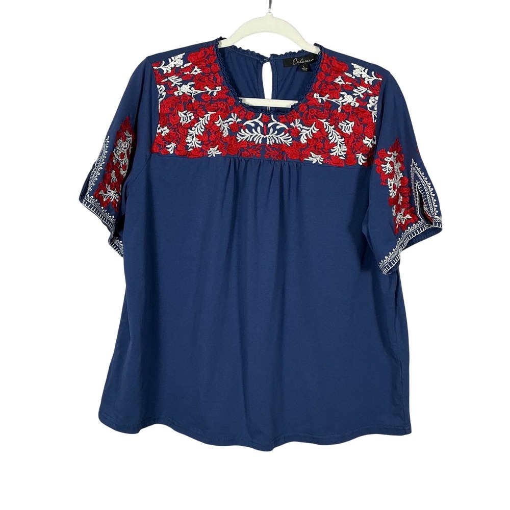 Caleoaa Navy Blue Red White Floral Embroidered Knit Top Short Sleeve Large